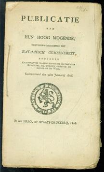 Publicatie van Hun Hoog Mogende, vertegenwoordigende het Bataafsch gemeenebest, houdende ordonnantie, waar op binnen de Bataafsche Republiek zal worden geheven de impost op de Wijn: gearresteerd den 3den Januarij 1806