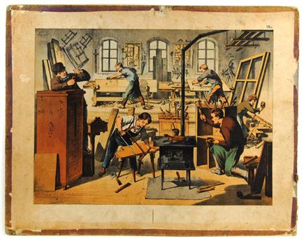 (SCHOOLPLAAT - SCHOOL POSTER / MAP - LEHRTAFEL) 19th century TIMMERMAN MEUBELMAKER  TIMMERWERKPLAATS CARPENTER  JOINER  CARPENTRY  ( VIIa)