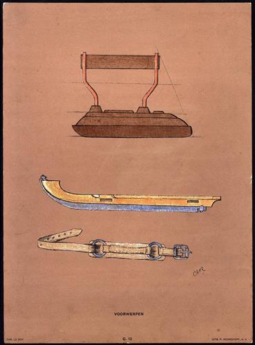 (DECORATIEVE PRENT - LITHO ) VOORWERPEN ( schaats strijkijzer )