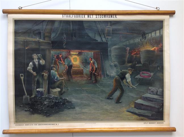 (SCHOOLPLAAT - SCHOOL POSTER - LEHRTAFEL) Staalfabriek met Stoomhamer ( lithografie naar pastelteekeningen )