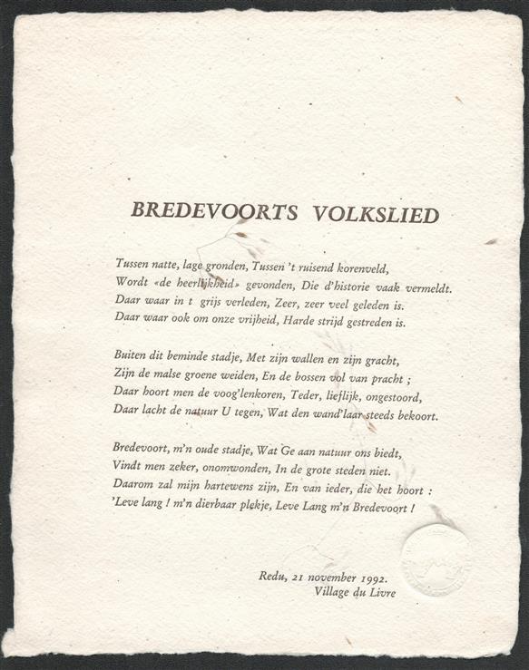 bredevoorts volkslied ( omslagtitel: Bredevoort bezoekt Redu 21 nov. 1992