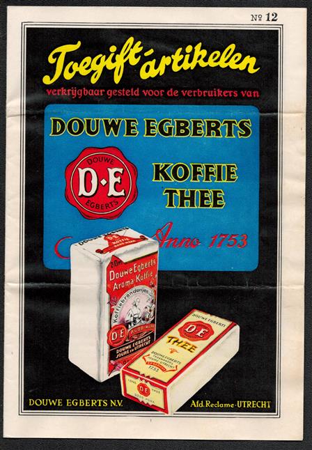 (BROCHURE) Toegift artikelen ( No 12 ) - Verkrijgbaar gesteld voor de verbruikers van Douwe Egberts Koffie Thee  anno 1753
