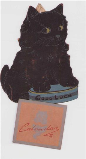 Good Luck Calendar, 1949 (black cat Shape calendar with loose hanging calendar under the cutout sihoulet)