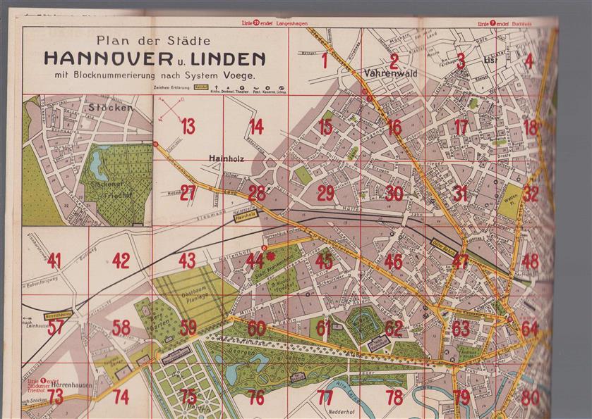 (PLATTEGROND / KAART - CITY MAP / MAP) Plan der Stadte Hannover u. Linden mit blocknummerierung nach system Voege