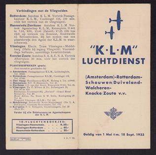 Dienstregeling - K.L.M. luchtdienst (Amsterdam) - Rotterdam - Schouwen/Duiveland - Walcheren - Knocke/Zoute  v.v