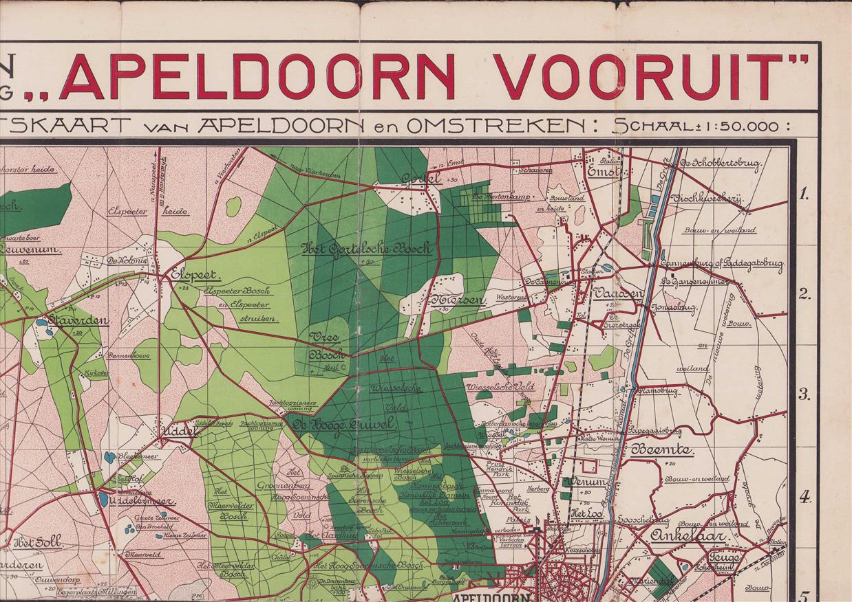 (PLATTEGROND / KAART - CITY MAP / MAP) Rij-, wandel- en fietskaart van Apeldoorn en omstreken met alphabetische afstandswijzer van Apeldoorn naar de op deze kaart voorkomende plaatsen.
