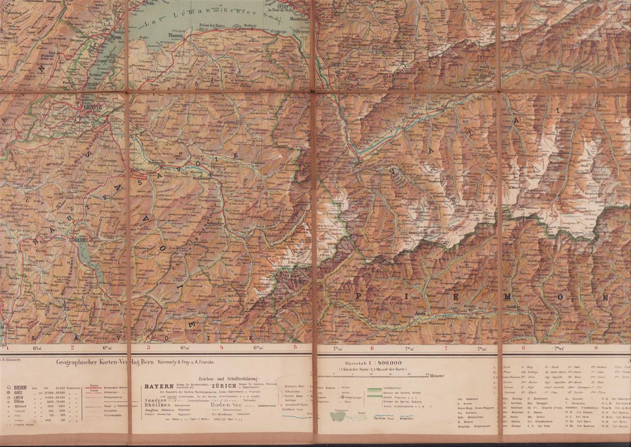 Carte Generale de la Suisse - Gesamtkarte der Schweiz - General map of Switzerland. Herausgegeben von der Societe d edition de Cartes Geographiques im Maßstab 1:400000. Große farbige, auf Leinwandsegmenten aufgezogene, farbige Karte der Schweiz