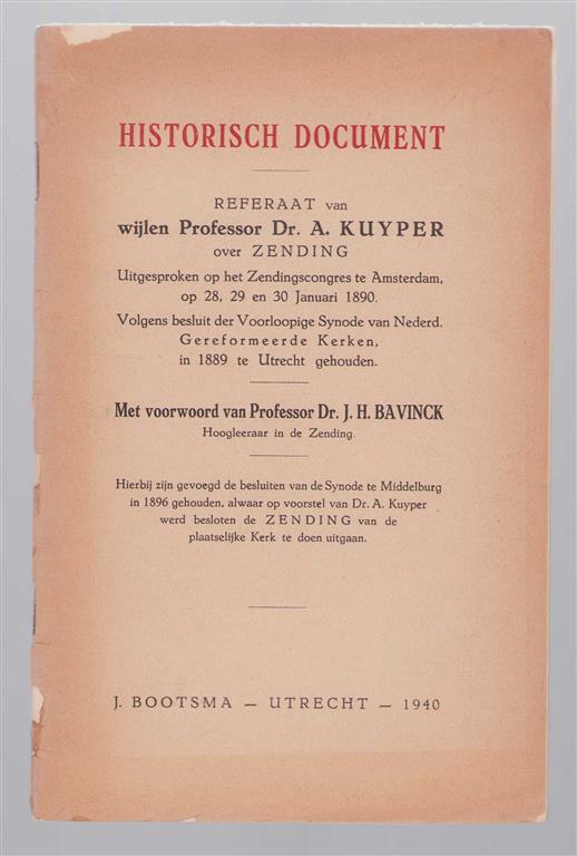 Historisch document, referaat van A. Kuyper over zending
