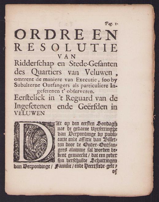 Ordre en resolutie van Ridderschap en stede-gesanten des quartiers van Veluwen, omtrent de maniere van executie ... . Eerstelick in 't reguard van de ingesetenen ende ge�rfden in Veluwen