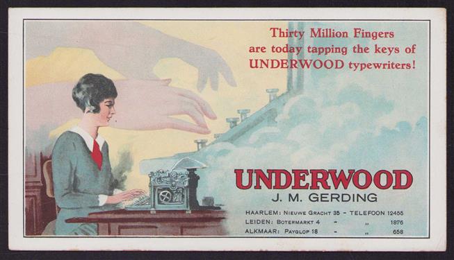 (VLOEIBLAD - BLOTTER) J.M. GERDING -  UNDERWOOD - Thirty million fingers are today tapping the keys of underwood typewriters