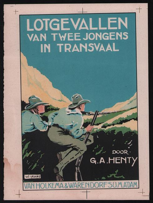 Testafdruk van de omslag getekend door W.Heskes   ---  De lotgevallen van twee jongens in Transvaal