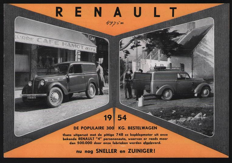 (AUTO FOLDER - CAR BROCHURE) Renault 1954 de populaire 300 Kg bestelwagen....
