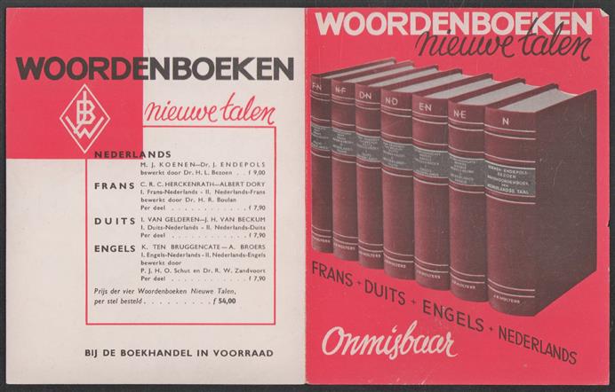 Reclamefolder - Woordenboeken nieuwe talen - Frans - Duits -  Engels - Nederlands Onmisbaar