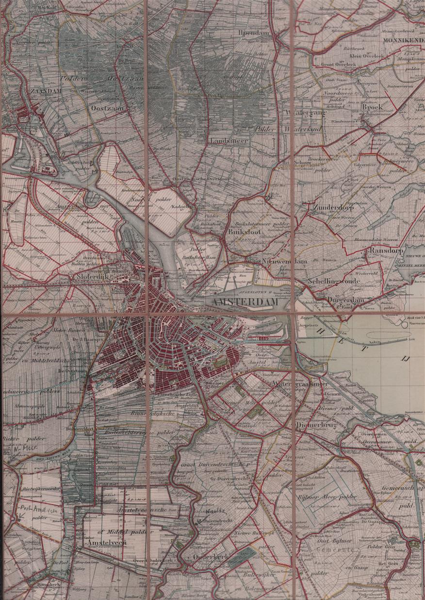 Stafkaart Amsterdam No 25 - 4 kwarts bladen op 1 vel linnen - Schaal 1 op 50.000