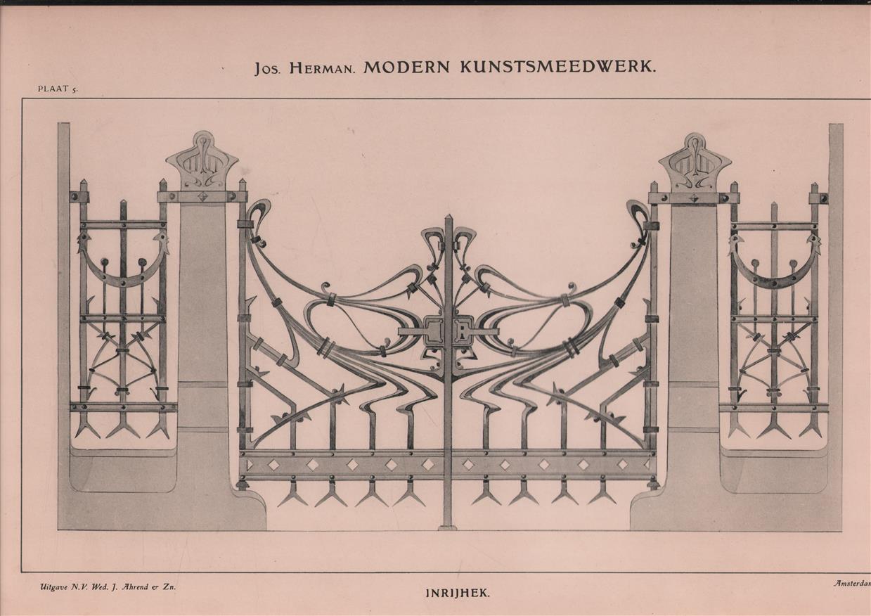 Modern kunstsmeedwerk : ontwerpen voor modern ijzeren inrij-, tuin-, balkon-, trap- en deurhekken, uithangborden, paneelvullingen, koorhekken, hijschhaken, lantaarns, muurankers, gas- en electrische kronen, deurbeslag, enz., enz.