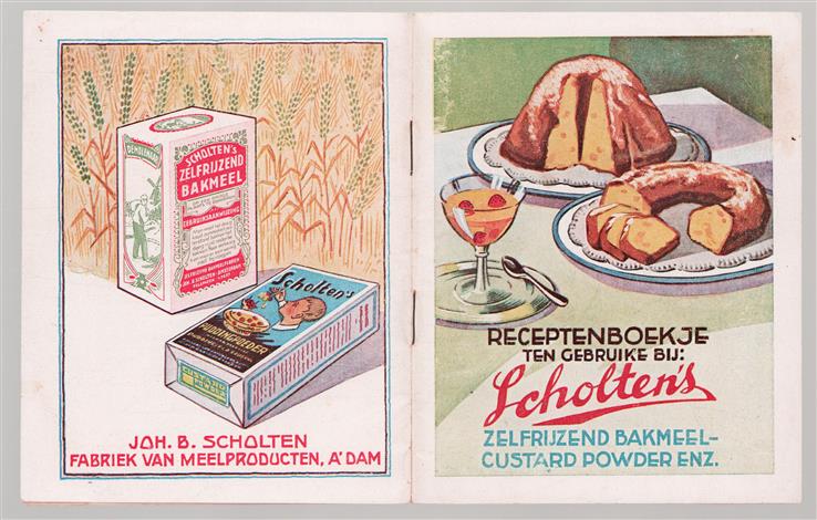 Recepten voor de bereiding van cakes, taarten, flensjes, vlaas, puddingen, ijs, enz. met Scholten's zelfrijzend bakmeel, Scholten's custard powder, Scholten's diamond ice cream.