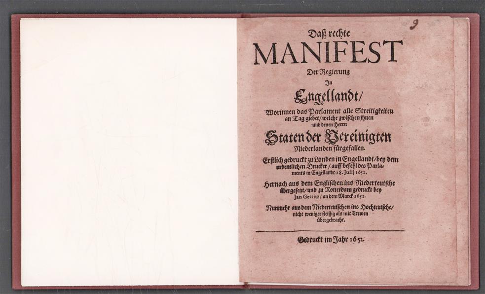 Dass rechte Manifest der Regierung in Engellandt, worinnen das Parlament alle Streitigkeiten an Tag giebet, welche zwischen ihnen und denen herrn Staten der Vereinigten Niederlanden fürgefallen.