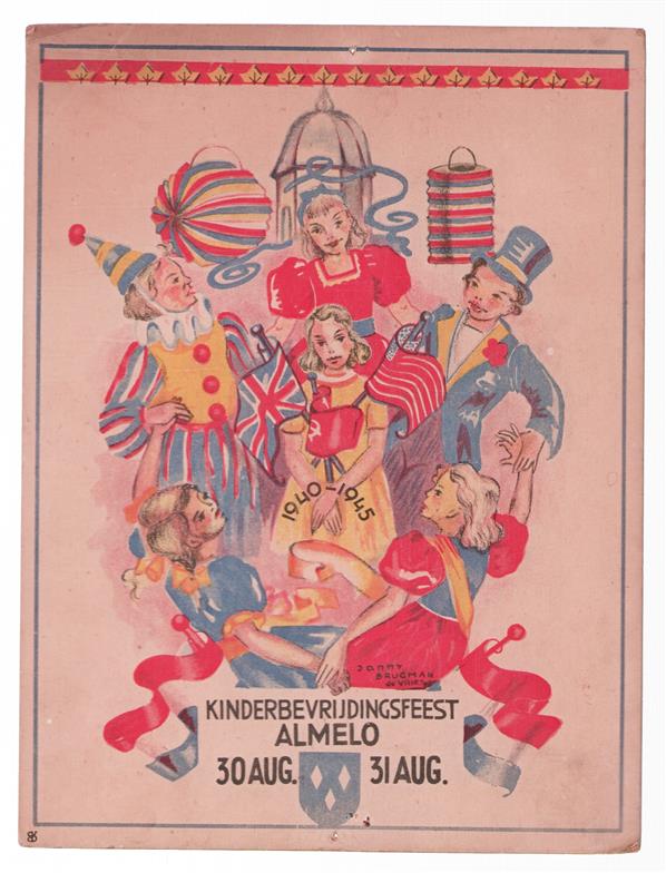 HERDENKINGS PLAAT KARTON 1940 - 1945 Kinderbevrijdingsfeest Almelo 30 Aug - 31 Aug