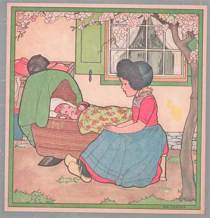 PRENT - Litho   Meisje bij wieg