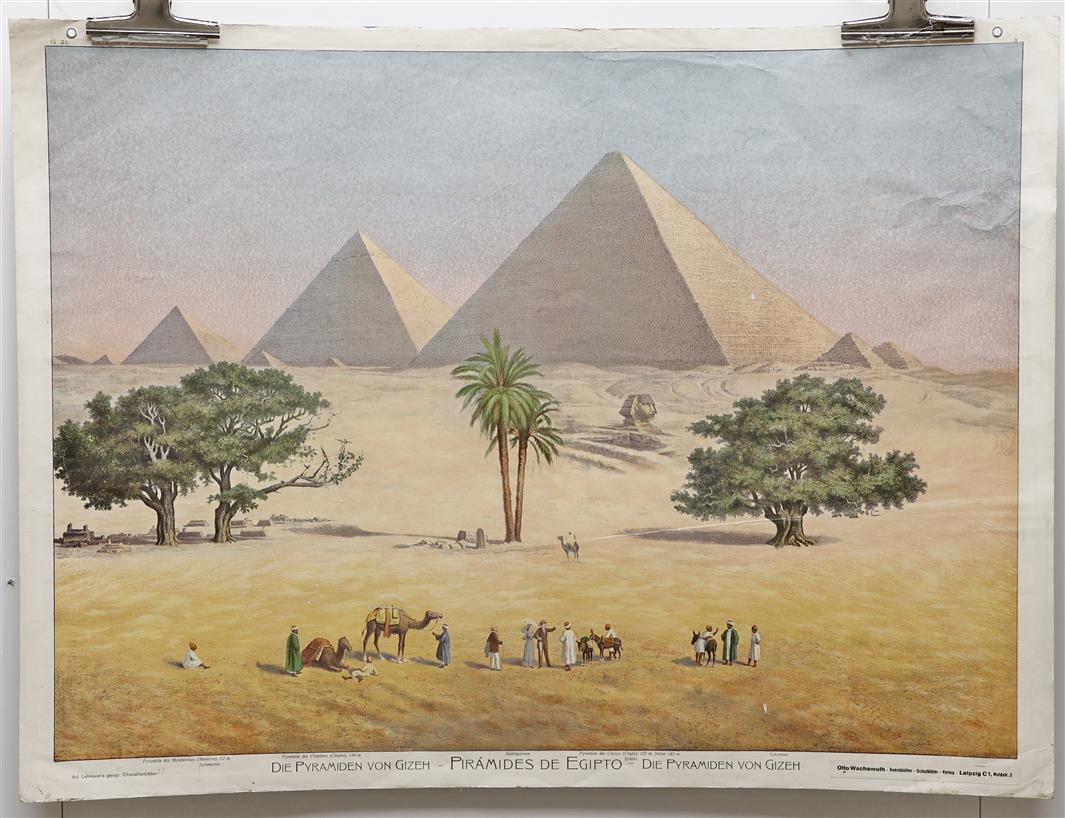 Egypt - The Pyramids of the Great Giza. Big size Lithograph with pyramids, camels and tourists