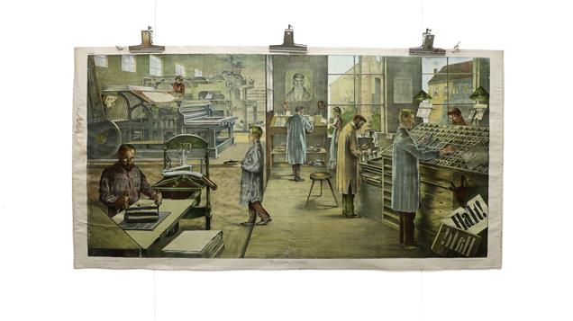 (SCHOOLPLAAT - SCHOOL POSTER - LEHRTAFEL) Buchdruckerei -- original antique school poster 88x66 Cm. = 34,64 x 25,98 Inch.