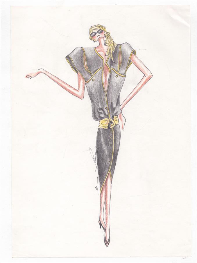 Originele handgetekende mode-illustratie / couture ontwerp ca. 1985–1995 – gesigneerd - 1