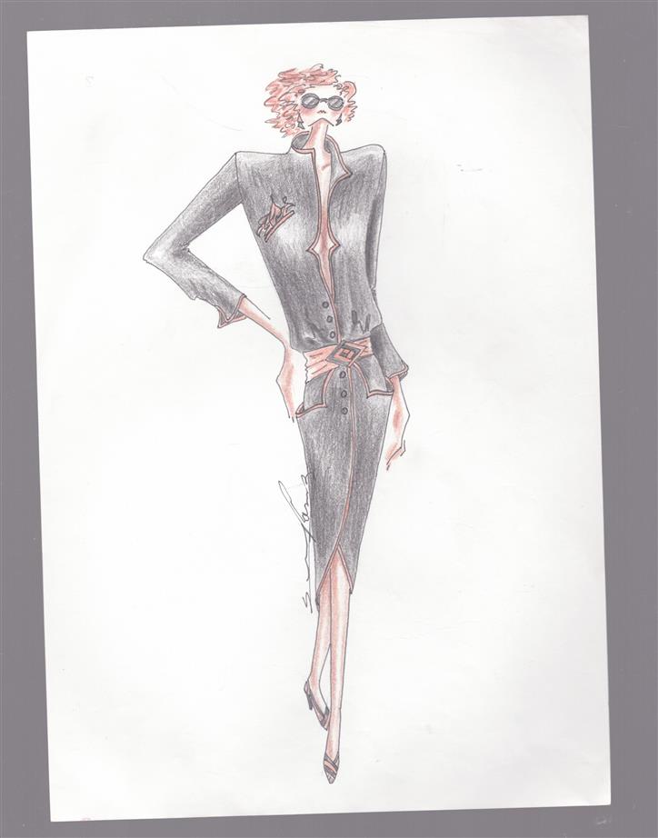 Originele handgetekende mode-illustratie / couture ontwerp ca. 1985–1995 – gesigneerd - 3