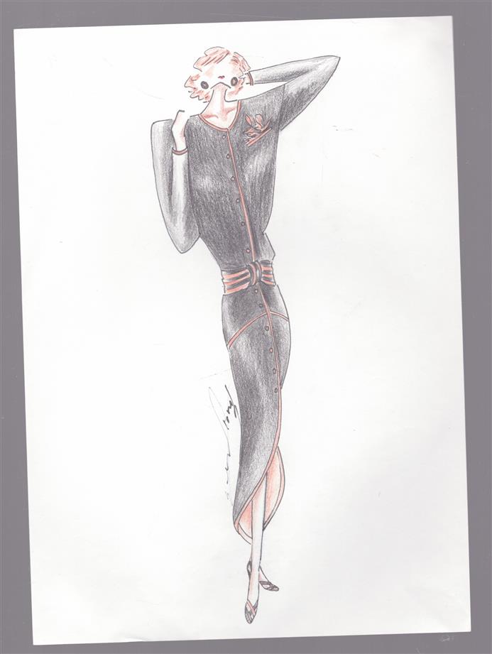 Originele handgetekende mode-illustratie / couture ontwerp ca. 1985–1995 – gesigneerd - 4