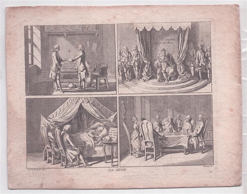 Wirkungen der Religion – Tab. XLVII - a) Treue und Glauben im Handel. b) Ein weiser Gebrauch der Macht an einem Regenten. c) Trost im Tode an einem Kranken. d) Die Mäßigung im Ansehen und Glücke.