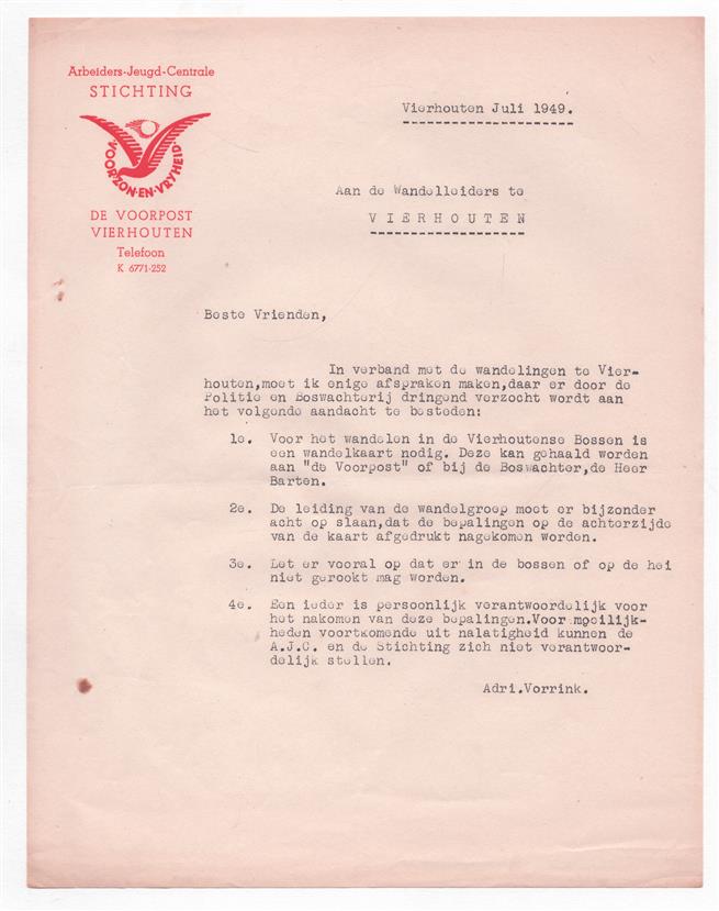 BRIEF : Brief betreffende wandelingen te Vierhouten Origineel briefpapier met logo / briefhoofd