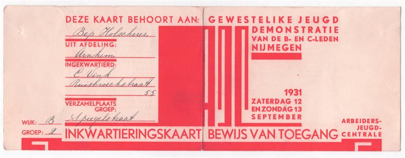 (GEBRUIKSGRAFIEK, PROGRAMMA BOEKJES ENZ ) Inkwartieringskaart / bewijs van toegang – Gewestelijke Jeugddemonstratie AJC Nijmegen