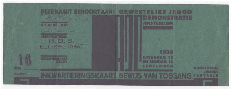 Inkwartieringskaart / bewijs van toegang – Gewestelijke Jeugddemonstratie AJC Amsterdam