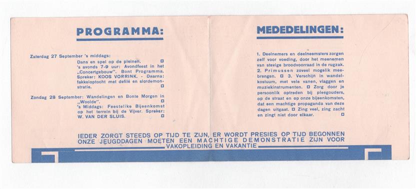 (BROCHURE) Gewestelijke Jeugd Demonstratie Hengelo 1930 – Inkwartieringskaart / Bewijs van toegang