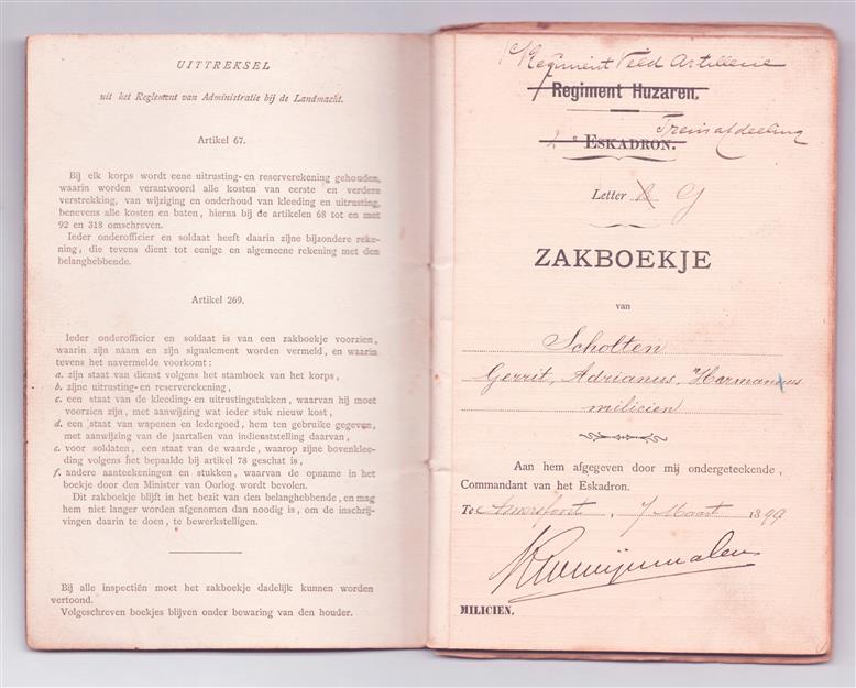 Zakboekje Regiment Huzaren e Eskadron ( doorgestreept BIJGESCHREVEN:  REGIMENT VELDARTILLERIE)