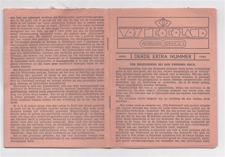 Vrij Nederland – Derde Extra Nummer – April 1944 – Tweede druk - Illegale verzetsuitgave / clandestiene brochure van Vrij Nederland over de verhouding Nederland–Indonesië.